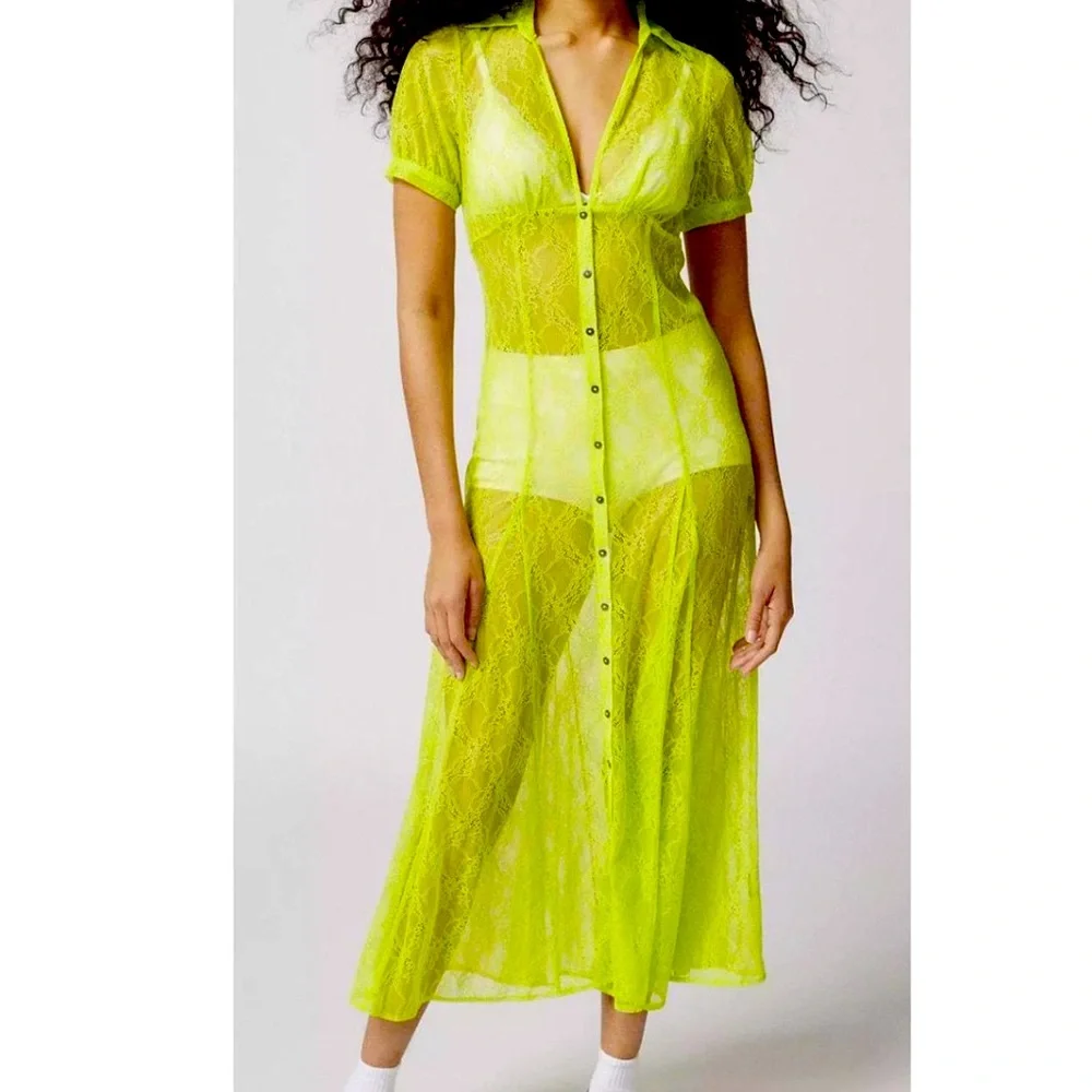 New Urban Outfitters Connie Sheer Lace Maxi Dress Size  Green Short Sleeve - Picture 7 of 13